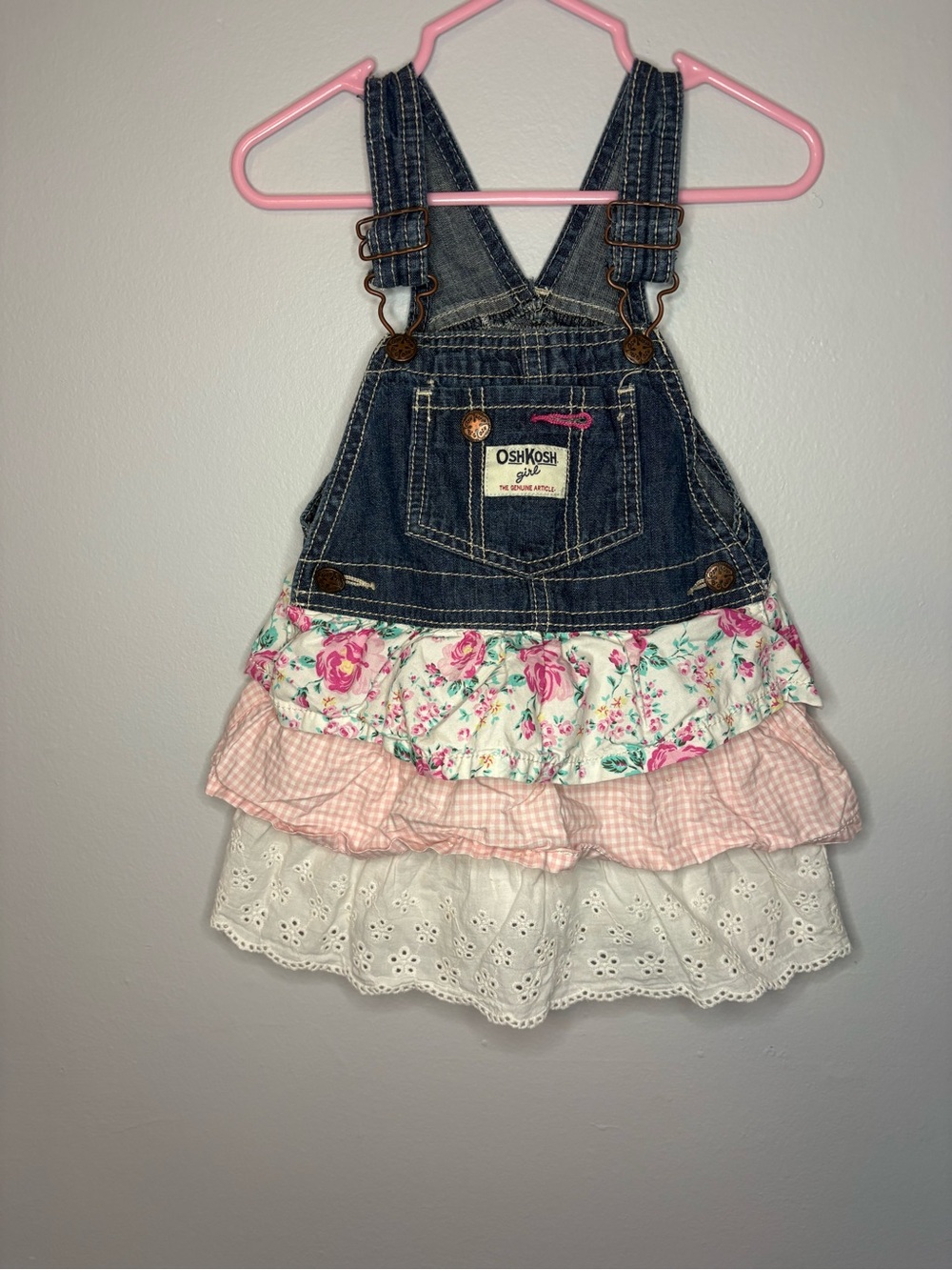 OshKosh B'gosh Denim Ruffle Overall Dress - Blue, Pink, White